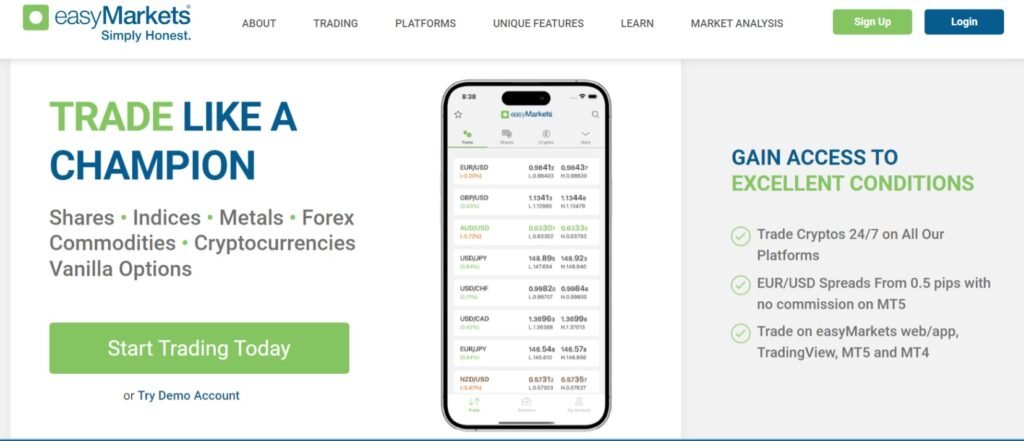 Homepage of easyMarkets trading platform showcasing its slogan 'Trade Like a Champion' with a list of tradable assets including Shares, Indices, Metals, Forex, Commodities, Cryptocurrencies, and Vanilla Options. A mobile phone displays the easyMarkets app interface with live Forex rates. Key benefits highlighted include 24/7 crypto trading on all platforms, low EUR/USD spreads from 0.5 pips with no commission on MT5, and compatibility with easyMarkets web/app, TradingView, MT5, and MT4 platforms. A prominent green 'Start Trading Today' button invites users to begin trading or try a demo account, enhancing the call-to-action.