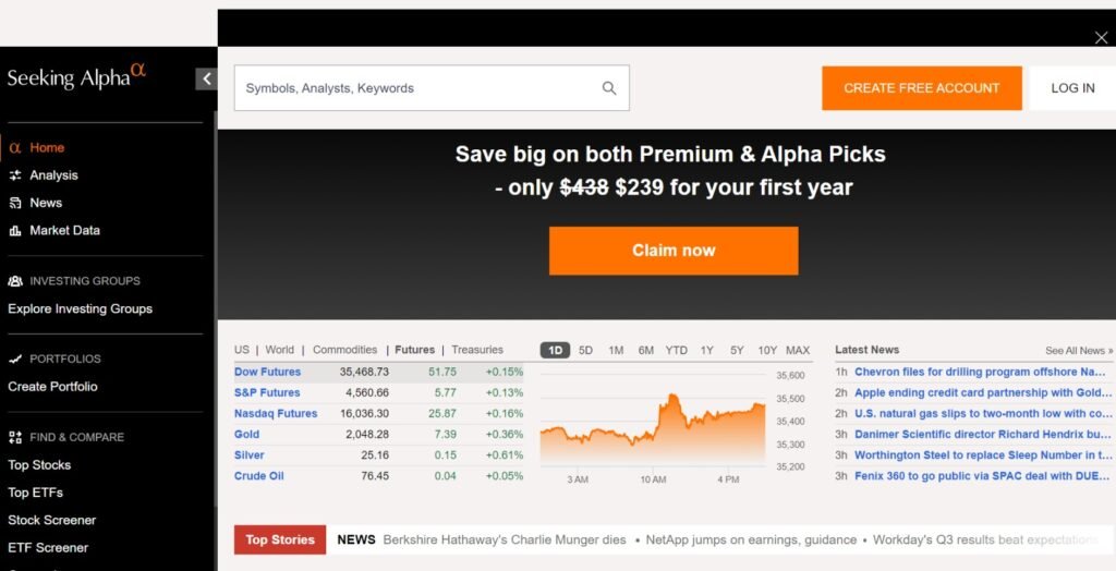 Seeking Alpha homepage with a special promotional offer, highlighting a discount on Premium and Alpha Picks subscriptions. The navigation bar includes options for Home, Analysis, News, Market Data, and Investment Groups. A market snapshot is displayed, showing an orange graph of Dow Futures and current figures for major indices like S&P and Nasdaq Futures, Gold, Silver, and Crude Oil. Latest financial news headlines feature updates from Chevron, Apple, and U.S. natural gas markets.